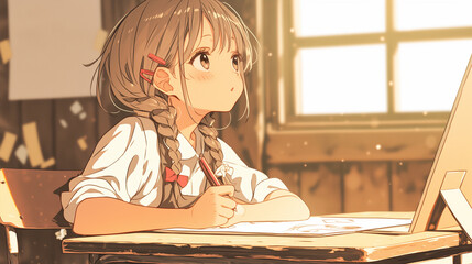 夕暮れの教室で想いを巡らせる少女