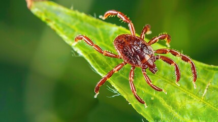 Tick with a small, oval, brown body clinging to green grass blades or animal fur, showing its segmented legs and tiny mouthparts, in soft outdoor daylight with subtle shadows highlighting its details.