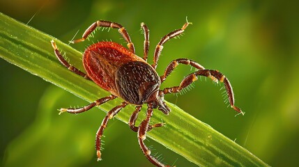Tick with a small, oval, brown body clinging to green grass blades or animal fur, showing its segmented legs and tiny mouthparts, in soft outdoor daylight with subtle shadows highlighting its details.