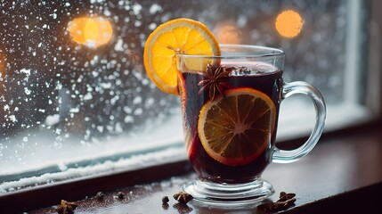 Cozy Mulled Wine on Snowy Winter Windowsill