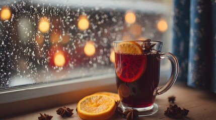 Cozy Mulled Wine on Snowy Winter Windowsill