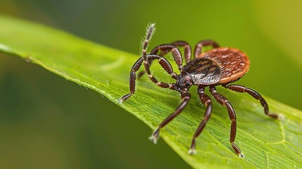 Tick with a small, oval, brown body clinging to green grass blades or animal fur, showing its segmented legs and tiny mouthparts, in soft outdoor daylight with subtle shadows highlighting its details.