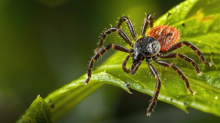Tick with a small, oval, brown body clinging to green grass blades or animal fur, showing its segmented legs and tiny mouthparts, in soft outdoor daylight with subtle shadows highlighting its details.