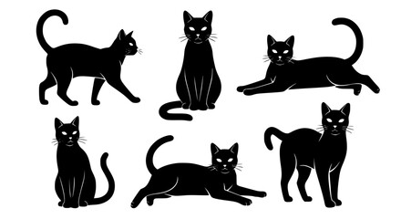 Six black cat silhouettes in various poses