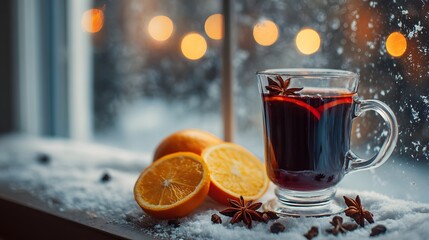 Cozy Mulled Wine on Snowy Winter Windowsill