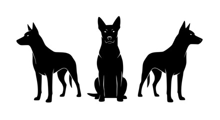 Three black dog silhouettes in standing and sitting poses on white background