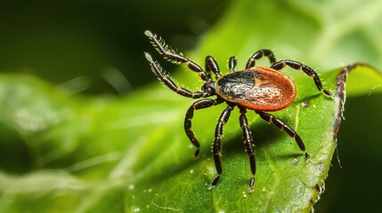 Tick with a small, oval, brown body clinging to green grass blades or animal fur, showing its segmented legs and tiny mouthparts, in soft outdoor daylight with subtle shadows highlighting its details.