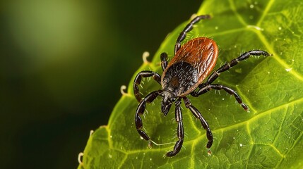 Tick with a small, oval, brown body clinging to green grass blades or animal fur, showing its segmented legs and tiny mouthparts, in soft outdoor daylight with subtle shadows highlighting its details.