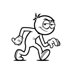 Sly cartoon character walking with mischievous grin, looking sideways with confident stride