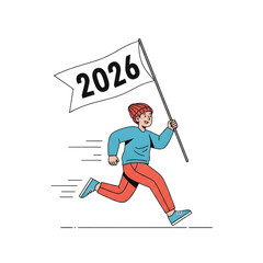 A young man joyfully runs into the new year 2026 with a flag, a concept of achieving future goals