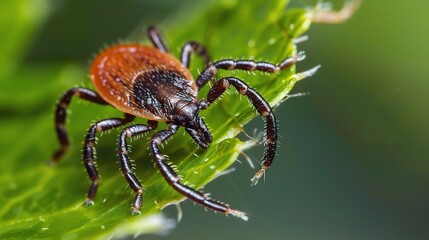Tick with a small, oval, brown body clinging to green grass blades or animal fur, showing its segmented legs and tiny mouthparts, in soft outdoor daylight with subtle shadows highlighting its details.