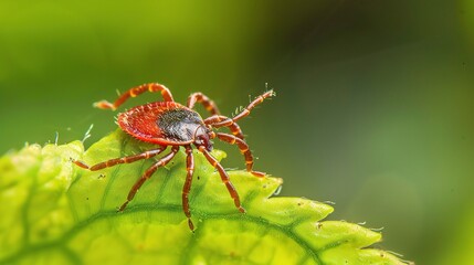 Tick with a small, oval, brown body clinging to green grass blades or animal fur, showing its segmented legs and tiny mouthparts, in soft outdoor daylight with subtle shadows highlighting its details.