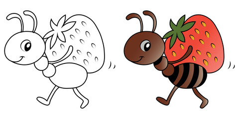 Cute Strawberry Ant Character Walking With Wings: Playful Cartoon Insect Duo for Kids