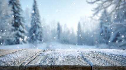 Empty rustic wooden table covered in snow with a soft focus winter forest background and falling snowflakes