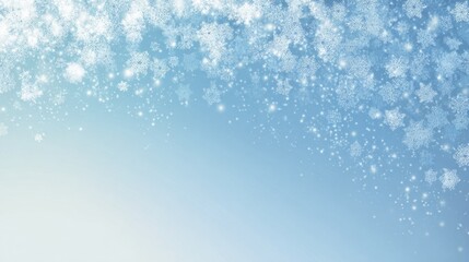 Delicate white snowflakes falling against a serene light blue gradient background with shimmering sparkles