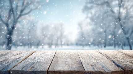 Rustic wooden table covered with fresh snow in a serene winter forest landscape with falling snowflakes