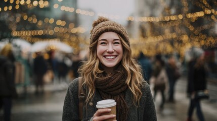 Smiling young woman in warm winter attire holding coffee cup outdoors amidst festive lights