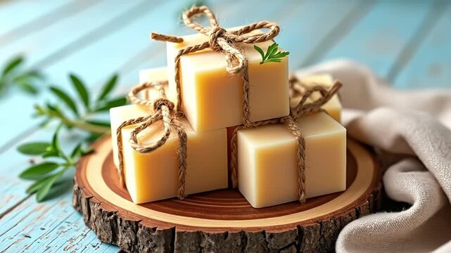 Natural soaps stacked on wood slice with twine ties and green sprigs on a blue table