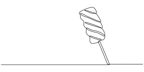 Continuous line drawing of lollipop, spiral hard sugar candy on stick. Vector sketch of round caramel with striped swirls in one black contour isolated on white background