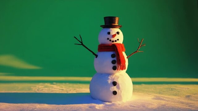 A snowman with a black top hat and a red scarf standing in the snow on a green background christmas snowman video