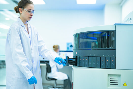 A clinical scientist initiates a batch test on a high-throughput immunoassay analyzer, loading patient samples for large-scale screening of diseases, hormones, or other biomarkers.