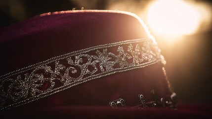 An embroidered charro jacket with silver buttons, bathed in golden sunset light, with marigold flowers softly blurred in the background.