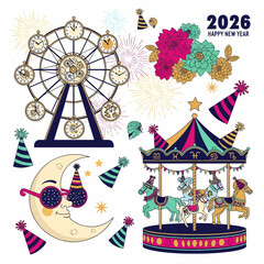 Whimsical New Year Celebration Elements Ferris Wheel, Carousel, Moon, and Festive Decor Collection