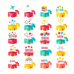 Festive 2026 New Year Celebration Icons Gift Boxes with Fireworks, Stars, and Balloons
