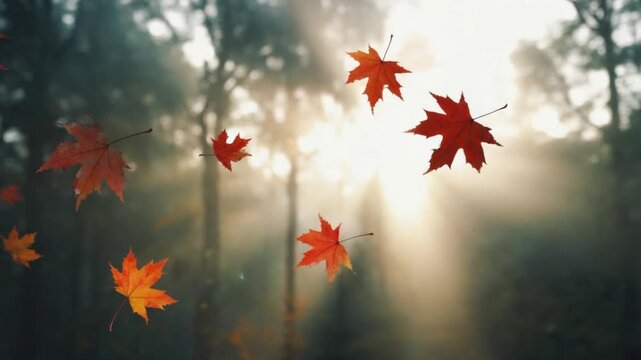 Falling maple leaves in a forest with sunlight shining through the trees in autumn season nature texture background video