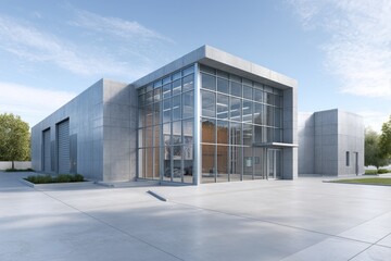 Fototapeta premium Modern industrial building with large glass windows and concrete exterior