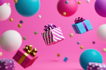Obraz premium Floating gift box striped present blue package pink background festive balloon party vibe cheerful celebration surreal style