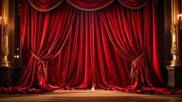 Cinematic text animation: Red velvet theater curtain draped ornate stage with golden tassel tiebacks and ornate golden column, dramatic lighting, stage proscenium drapery ideal for brand identity 