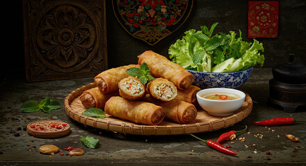 Cha Gio, Vietnam fried spring roll or called fried egg roll, decorated with its ingriends and Vietnam style ornaments.