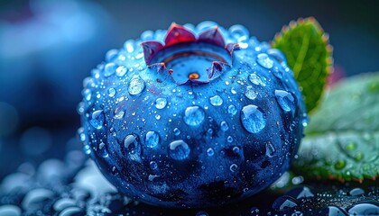 Close-up of a fresh blueberry with water droplets, highlighting its texture and vibrant color against a dark background