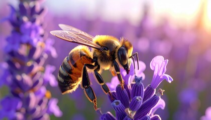 Close-up of a bee pollinating vibrant lavender flowers in a sunlit field, showcasing nature's beauty