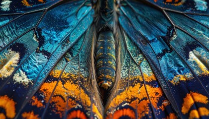 Close-up of a vibrant butterfly wing showcasing intricate patterns and colors in nature's beauty