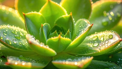 Close-up of a vibrant succulent plant with dew drops glistening in the morning light, showcasing nature's beauty