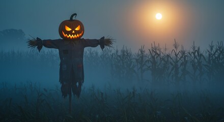 Spooky scarecrow with glowing pumpkin head guarding foggy cornfield under moonlight evokes Halloween frights and autumn harvest festivals