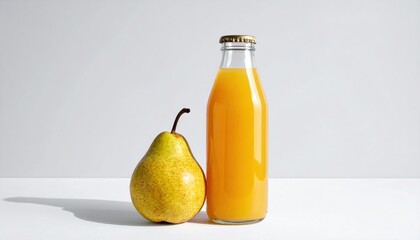 Fresh pear next to a glass bottle of orange juice on a minimalist white background, showcasing simplicity