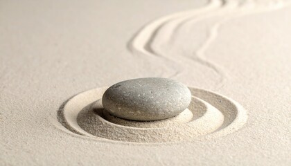 Serene stone resting in a sand garden, surrounded by gentle curves, evoking tranquility and mindfulness