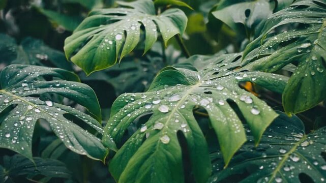 Close up of large green monstera leaves covered in water droplets in a lush green environment nature texture background video