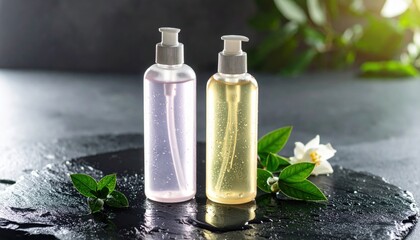 Two elegant bottles of liquid soap with natural ingredients, surrounded by fresh leaves and flowers on a dark surface