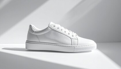 Stylish white sneaker on a minimalist surface with soft shadows, ideal for fashion and product showcases