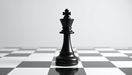 A solitary black chess king piece stands proudly on a classic checkered board, symbolizing strategy and competition