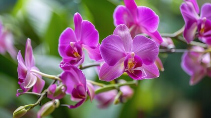 Thai Orchid with vibrant pink or purple petals, a curved central lip with yellow accents, and long slender stems, placed in a small ceramic vase with fresh green leaves, set on a wooden table under so