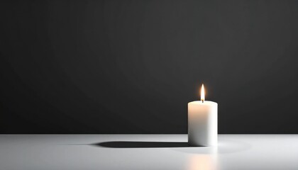 A solitary white candle burns brightly on a minimalist table against a dark background, creating a serene ambiance