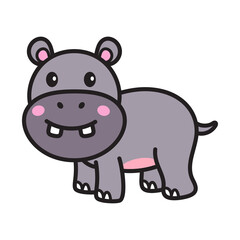 Cartoon Hippo Illustration with Gray Body Pink Cheeks and Transparent Background for Childrens Book and Education Material Design