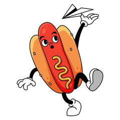 Cartoon Hotdog Character with Mustard and Paper Airplane on Transparent Background