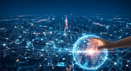 Hand reaching for global network connection over city skyline