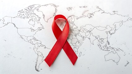 A red ribbon, the universal symbol for world aids day, is prominently displayed over a stylized world map, emphasizing the global nature of the hivaids epidemic and the collective fight